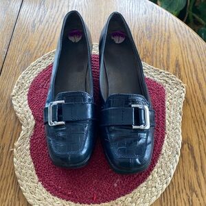 Dark Navy Faux Crockodile Wedge Style Dress Shoes with Silver Buckles